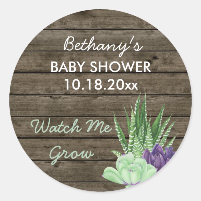 Sticker Rond Baby shower Rustique Succulents Regardez-moi grand (Devant)
