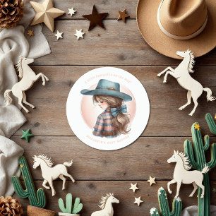Sticker Rond Baby shower rustique Western Little Cowgirl