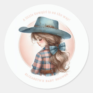 Sticker Rond Baby shower rustique Western Little Cowgirl