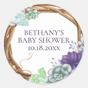 Sticker Rond Baby shower Rustique Wreath Aquarelle Succulents