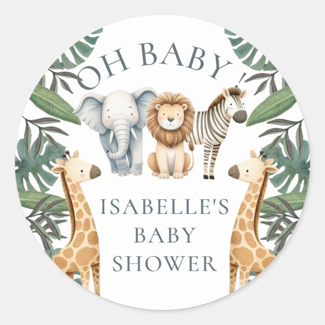 Sticker Rond Baby shower Safari animal personnalisé (Devant)