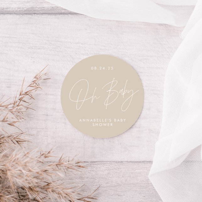 Sticker Rond Baby shower script moderne beige élégant (Créateur téléchargé)