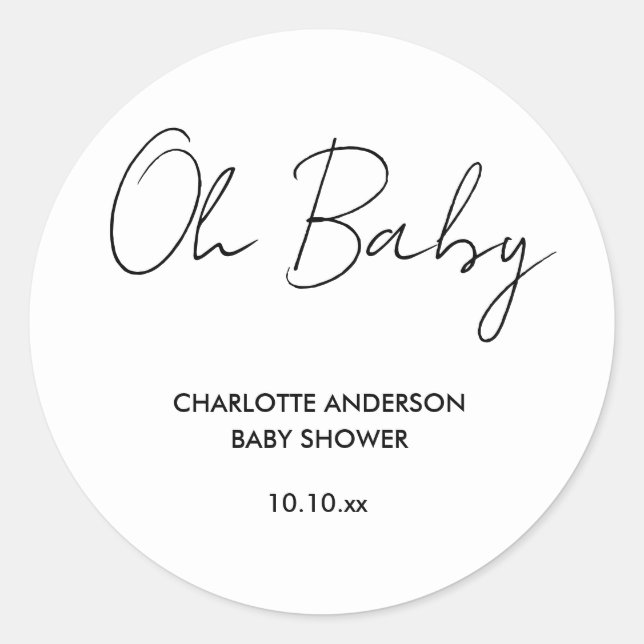 Sticker Rond Baby shower script moderne blanc et noir élégant (Devant)
