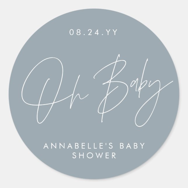 Sticker Rond Baby shower script moderne bleu poussiéreux élégan (Devant)