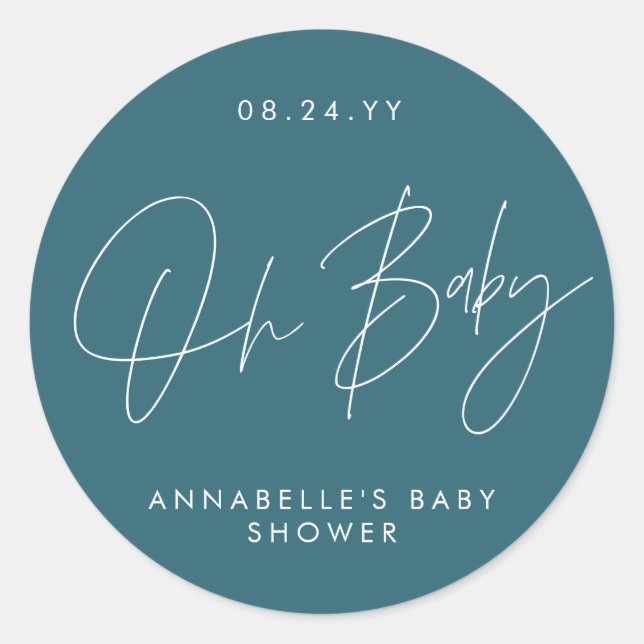 Sticker Rond Baby shower script moderne bleu turquoise élégant (Devant)