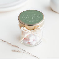 Sticker Rond Baby shower script moderne sauge vert élégant