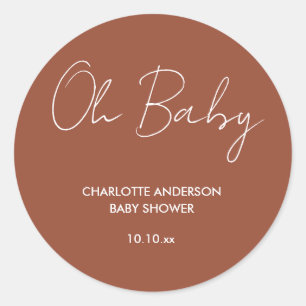 Sticker Rond Baby shower script moderne terre cuite marron élég