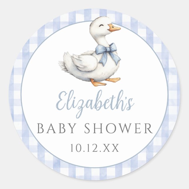 Sticker Rond Baby shower Silencieux En vichy bleu petit oie (Devant)
