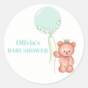 Sticker Rond Baby shower simple à ballons à ours en peluche