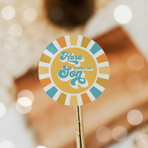 Sticker Rond Baby shower Soleil Venez Ici Le Son Jaune Rayons