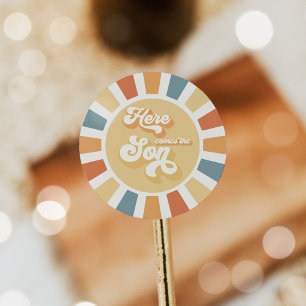 Sticker Rond Baby shower Soleil Venez Ici Le Son Jaune Rayons