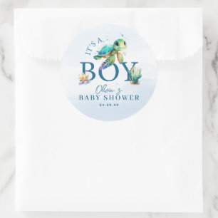 Sticker Rond Baby Shower sous l'eau aquarelle bleue
