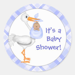 Sticker Rond Baby shower Stork & Baby Boy (peau foncée)