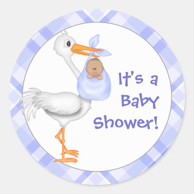 Sticker Rond Baby shower Stork & Baby Boy (peau sombre) (Devant)