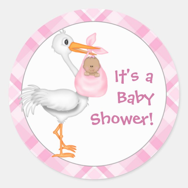 Sticker Rond Baby shower Stork & Baby Girl (peau foncée) (Devant)