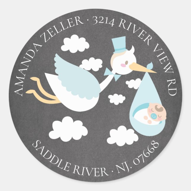 Sticker Rond Baby shower Stork Boys Adresse de retour (Devant)
