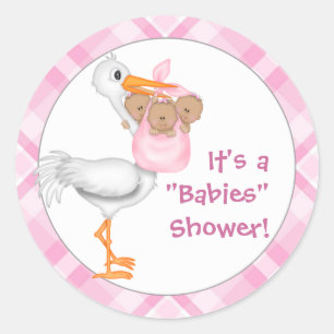 Sticker Rond Baby shower Stork & Triplet Girls (peau foncée)