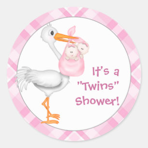 Sticker Rond Baby shower Stork & Twin Girls