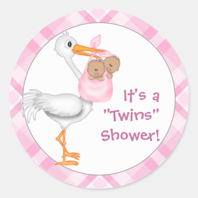 Sticker Rond Baby shower Stork & Twin Girls (peau foncée) (Devant)