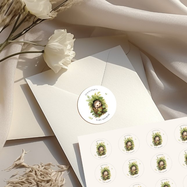 Sticker Rond Baby shower sur fond de verdure au hérisson endorm (Créateur téléchargé)