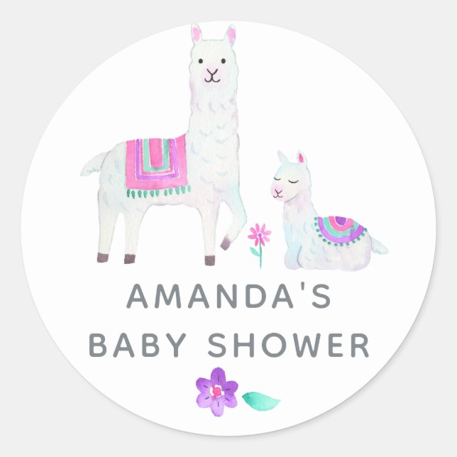 Sticker Rond Baby Shower sur le thème du lama aquarelle (Devant)
