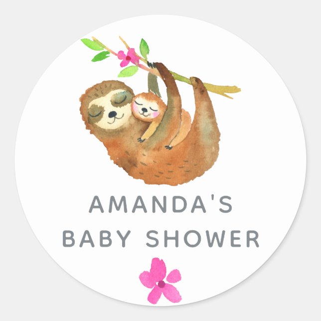 Sticker Rond Baby Shower sur le thème du paresseux à l'aquarell (Devant)