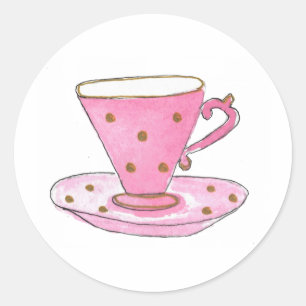 Sticker Rond Baby Shower Tea Party Tasse à thé rose aquarelle