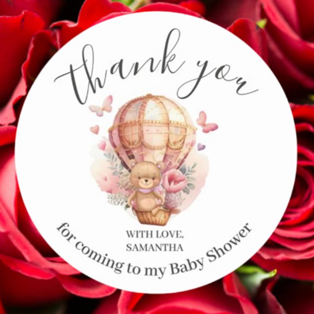 Sticker Rond Baby shower Teddy Bear PINK Hot Air Balloon (Celebrate your baby shower with this adorable pink teddy bear hot air balloon sticker. )