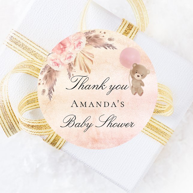Sticker Rond Baby shower teddy blush pampas herbe merci (Créateur téléchargé)