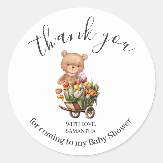 Sticker Rond Baby shower Teddy Ours PINK Floral Rustique (Devant)