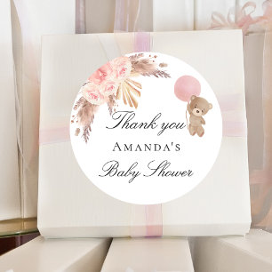 Sticker Rond Baby shower teddy pampas herbe blush merci