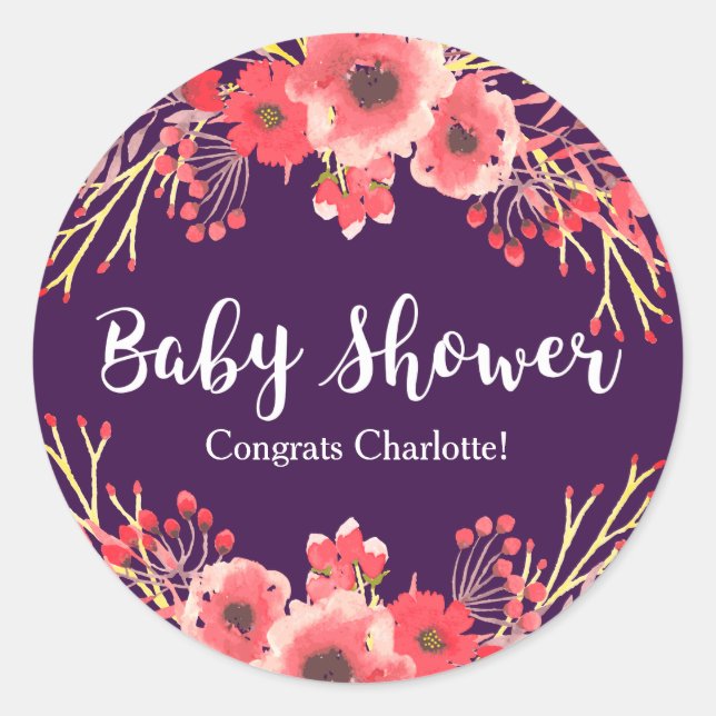 Sticker Rond Baby shower tendance de fleurs d'aquarelle violett (Devant)
