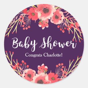 Sticker Rond Baby shower tendance de fleurs d'aquarelle violett