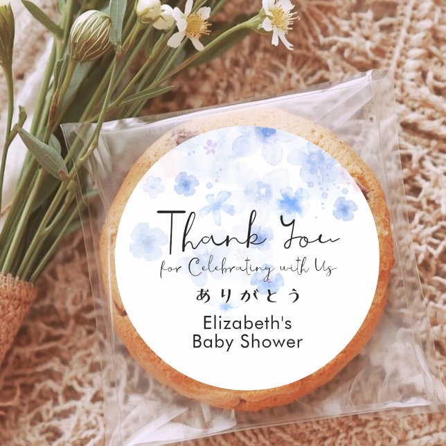 Sticker Rond Baby Shower Thank You Blue Floral Cute Script (Créateur téléchargé)