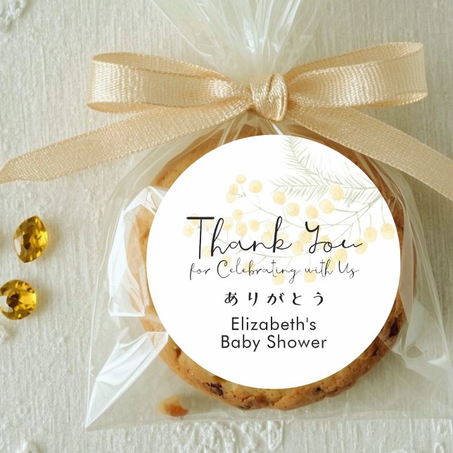 Sticker Rond Baby Shower Thank You Mimosa Floral Cute Script (Créateur téléchargé)