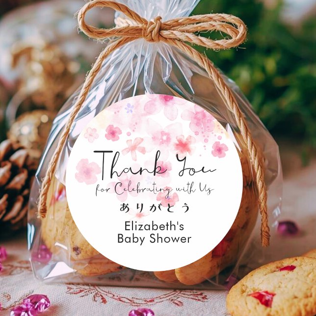 Sticker Rond Baby Shower Thank You Pink Floral Cute Script (Créateur téléchargé)