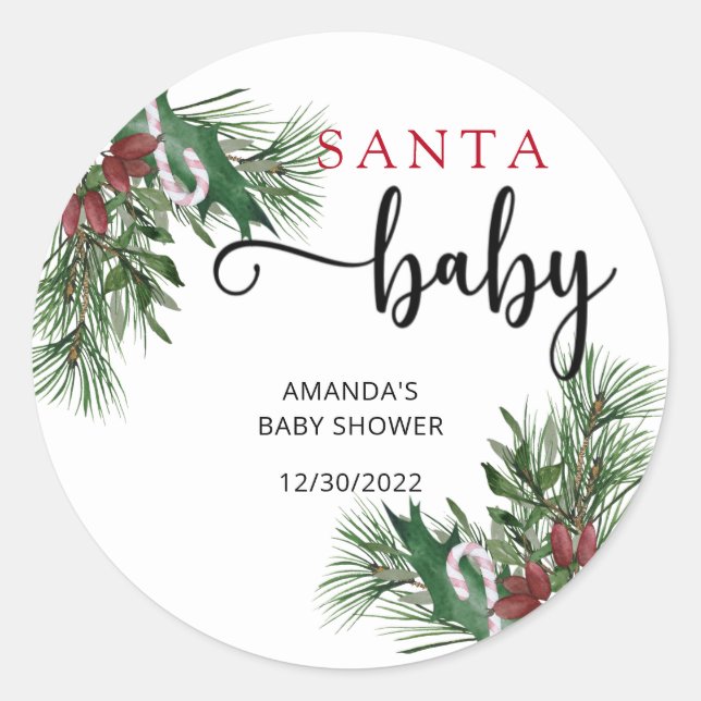Sticker Rond Baby shower thème Evergreen Santa (Devant)