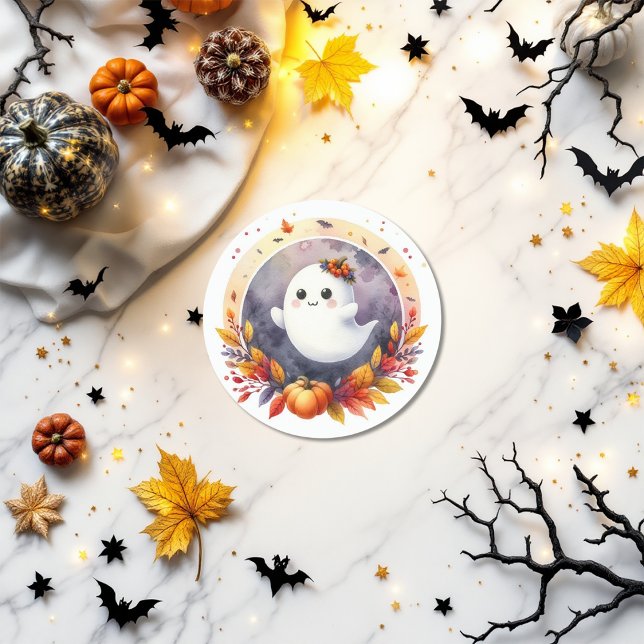 Sticker Rond Baby Shower Thème Fantôme & Citrouille d'Halloween (Halloween Ghost & Pumpkin Design Baby Shower Classic Round Sticker)