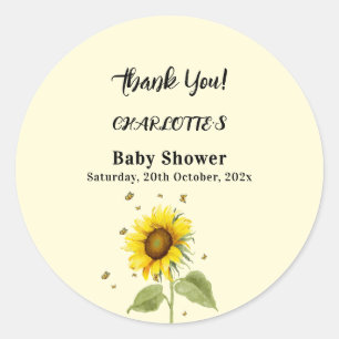 Sticker Rond Baby Shower Tournesol Aquarelle avec Papillons