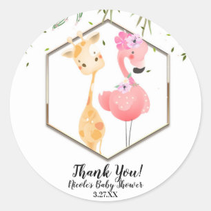 Sticker Rond Baby Shower Tropical Aquarelle Flamant Rose & Gira