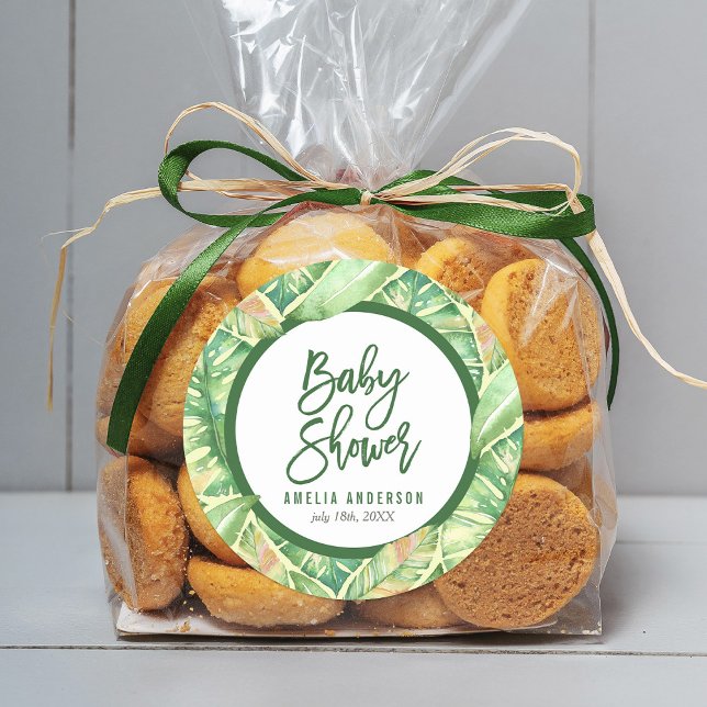 Sticker Rond Baby shower tropical Feuilles d'aquarelle verte (Créateur téléchargé)