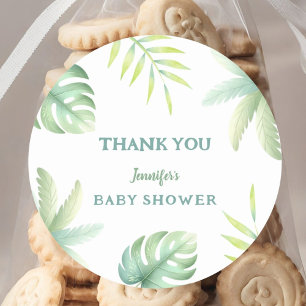 Sticker Rond Baby Shower Tropical Végétal Aquarelle Vert