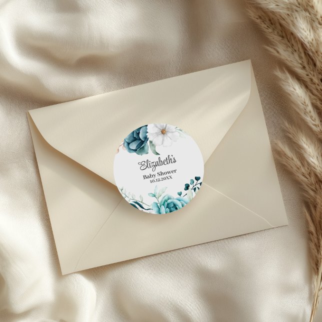 Sticker Rond Baby shower turquoise et blanc cassé (Teal and Off-White Baby Shower Classic Round Sticker on an elegant envelope.)