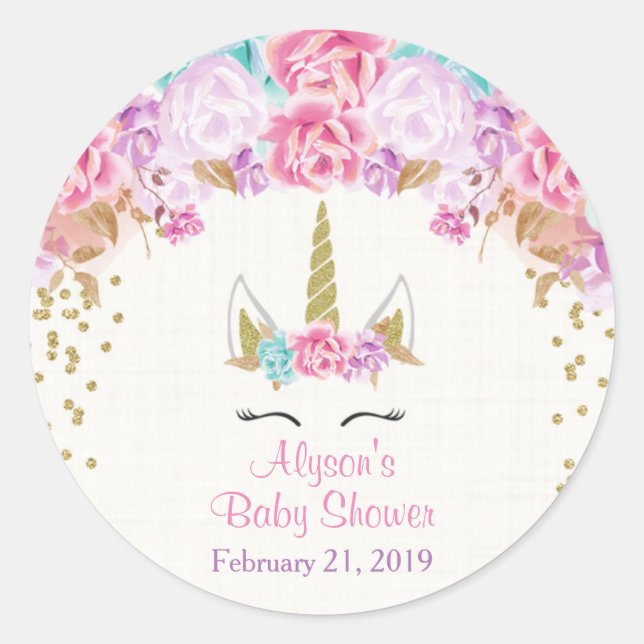 Sticker Rond Baby shower Unicorne autocollants, rose et or (Devant)