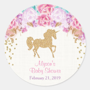 Sticker Rond Baby shower Unicorne autocollants, rose et or