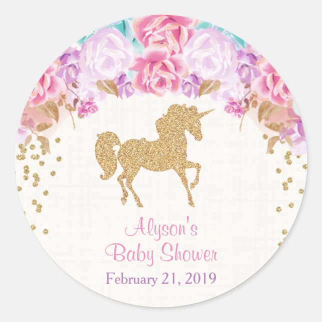 Sticker Rond Baby shower Unicorne autocollants, rose et or (Devant)