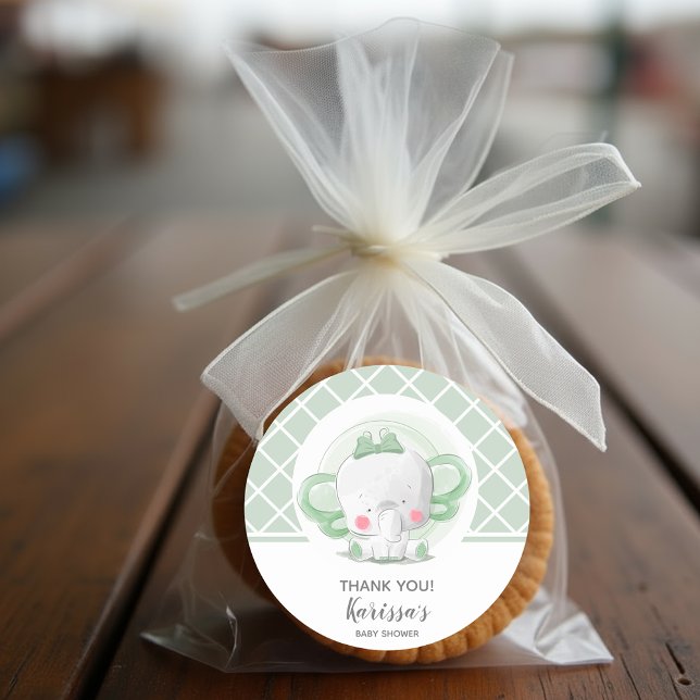 Sticker Rond Baby shower Unisex éléphant vert (Green Elephant Unisex Baby Shower Stickers)