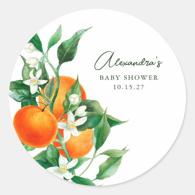 Sticker Rond Baby shower végétal minimaliste aux fruits orange (Devant)