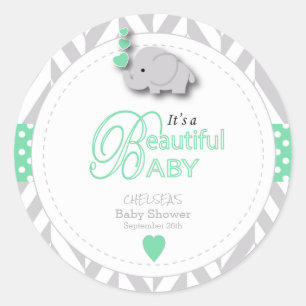 Sticker Rond Baby shower vert à la menthe, gris blanc