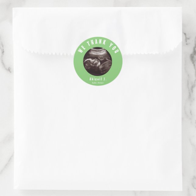 Sticker Rond Baby shower vert chaux Ultrasound Merci (Sac)